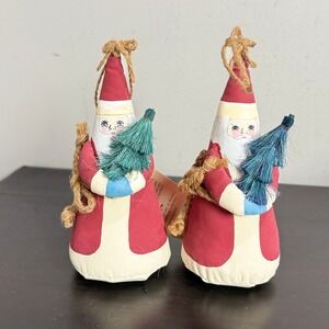 Midwest Importers Set of 2 Santa w/ Tree Ornaments Folk Art Christmas Decor